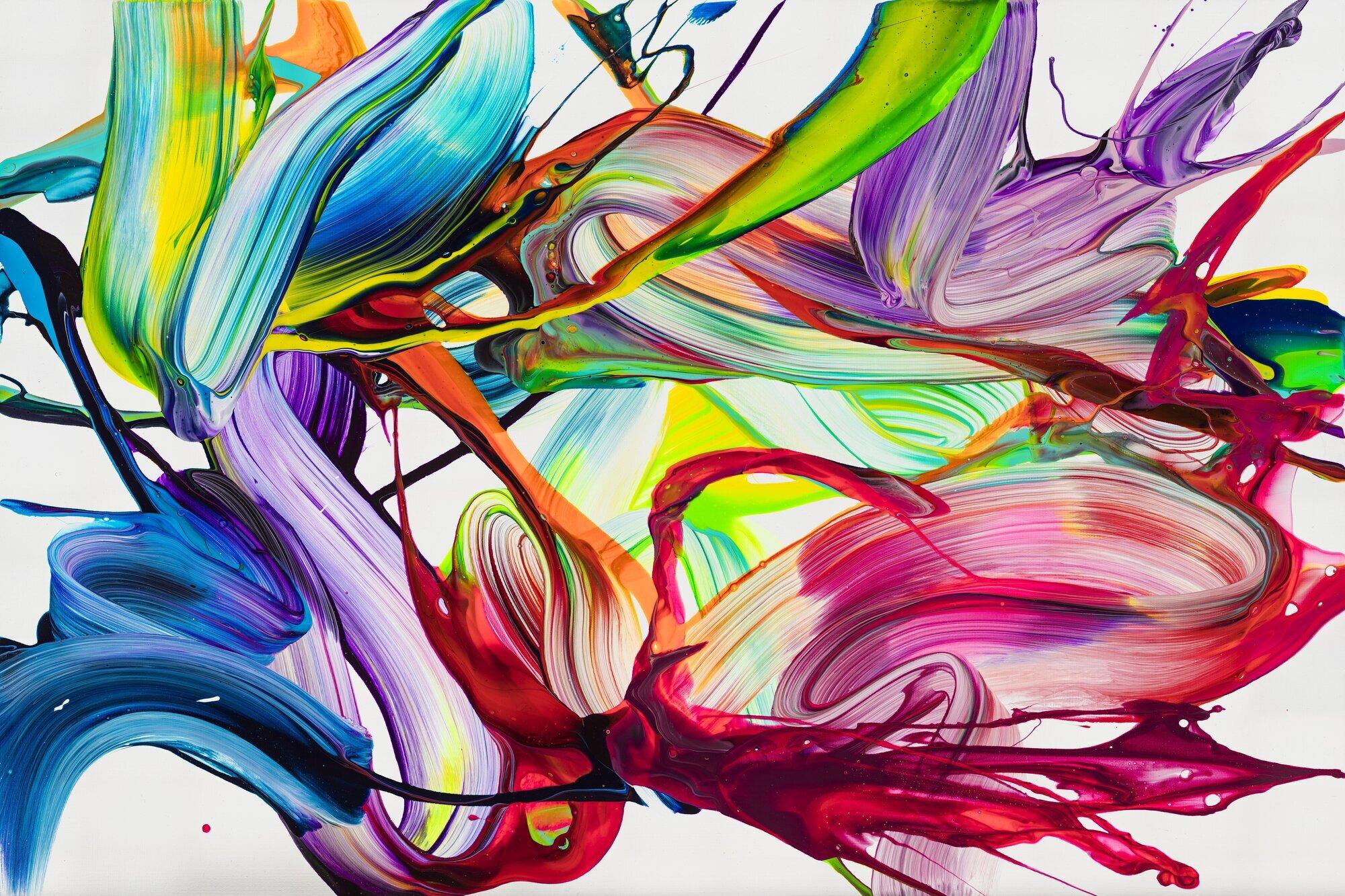 Gemälde Original abstrakt 60x90cm Action Painting handgefertigt Splash Art Neon Farben bunt weiß pink einzigartig