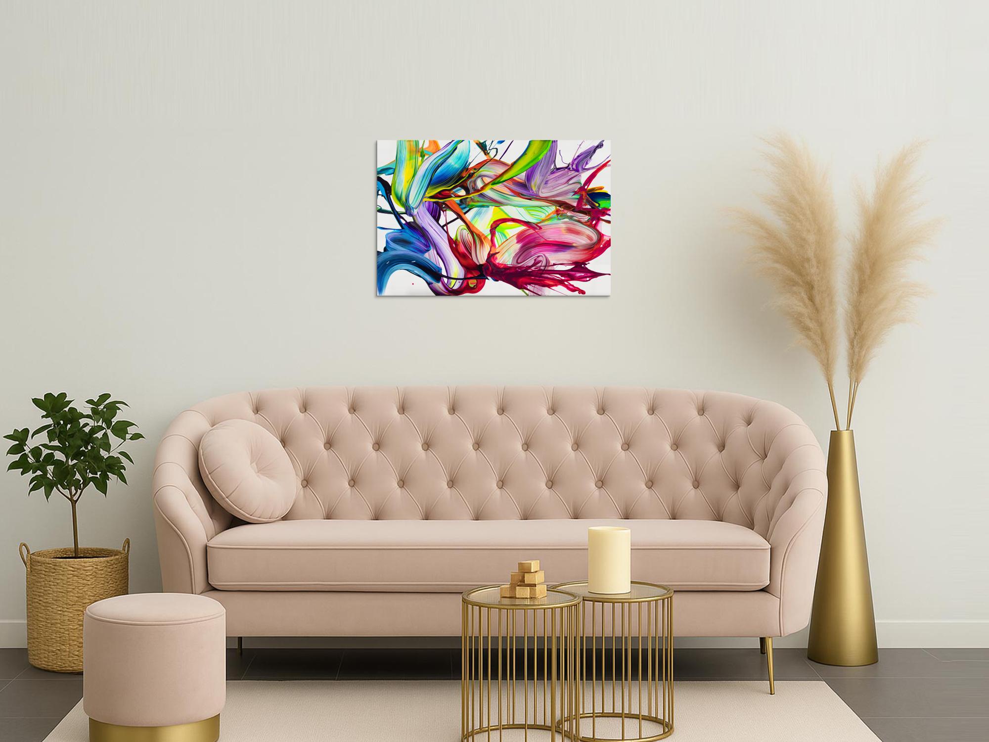 Gemälde Original abstrakt 60x90cm Action Painting handgefertigt Splash Art Neon Farben bunt weiß pink einzigartig