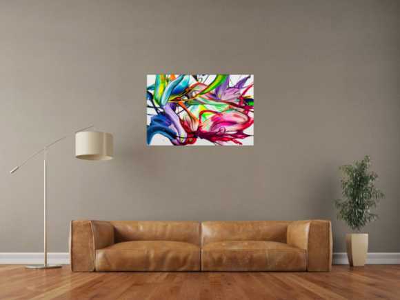 Gemälde Original abstrakt 60x90cm Action Painting handgefertigt Splash Art Neon Farben bunt weiß pink einzigartig