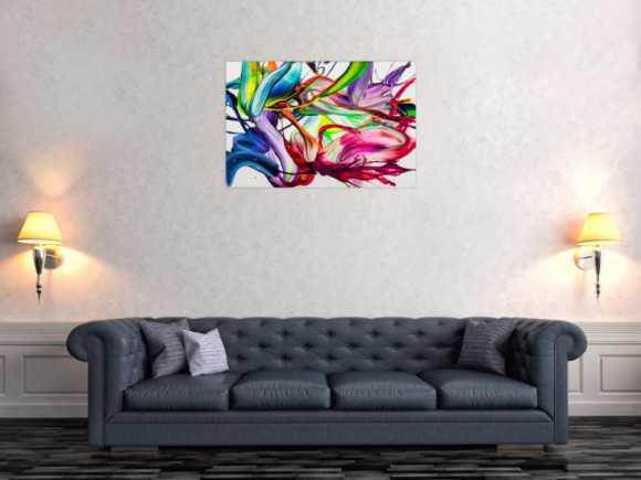 Gemälde Original abstrakt 60x90cm Action Painting handgefertigt Splash Art Neon Farben bunt weiß pink einzigartig