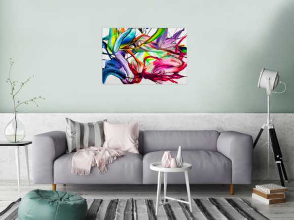 Gemälde Original abstrakt 60x90cm Action Painting handgefertigt Splash Art Neon Farben bunt weiß pink einzigartig