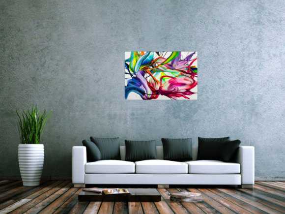 Gemälde Original abstrakt 60x90cm Action Painting handgefertigt Splash Art Neon Farben bunt weiß pink einzigartig