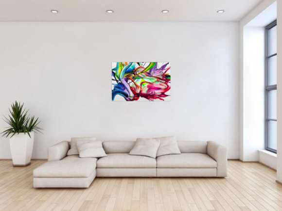 Gemälde Original abstrakt 60x90cm Action Painting handgefertigt Splash Art Neon Farben bunt weiß pink einzigartig