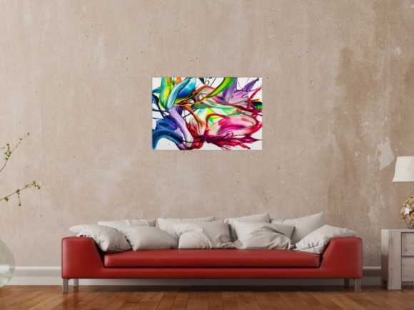 Gemälde Original abstrakt 60x90cm Action Painting handgefertigt Splash Art Neon Farben bunt weiß pink einzigartig