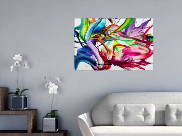 Gemälde Original abstrakt 60x90cm Action Painting handgefertigt Splash Art Neon Farben bunt weiß pink einzigartig