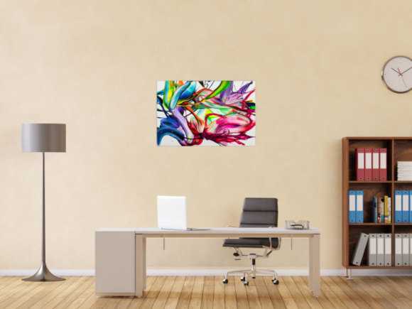 Gemälde Original abstrakt 60x90cm Action Painting handgefertigt Splash Art Neon Farben bunt weiß pink einzigartig