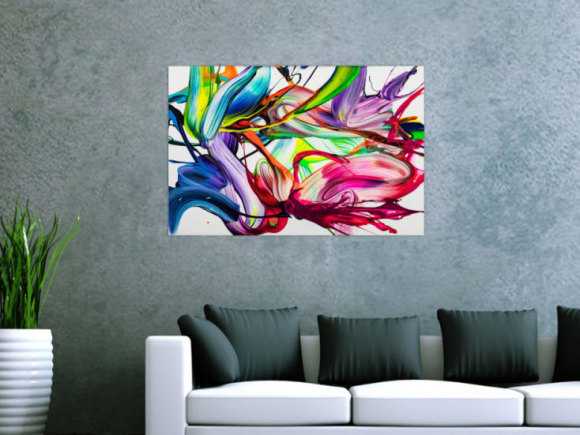 Gemälde Original abstrakt 60x90cm Action Painting handgefertigt Splash Art Neon Farben bunt weiß pink einzigartig