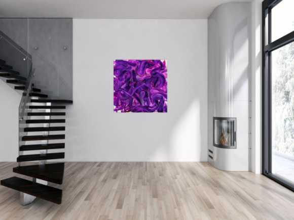 Original Gemälde abstrakt 100x100cm Action Painting expressionistisch handgemalt Mischtechnik violett rosa hochwertig