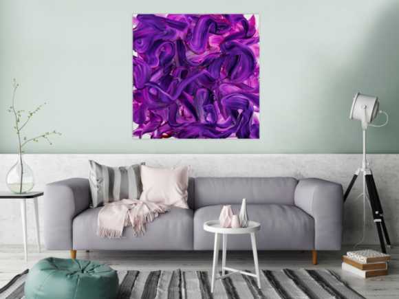 Original Gemälde abstrakt 100x100cm Action Painting expressionistisch handgemalt Mischtechnik violett rosa hochwertig