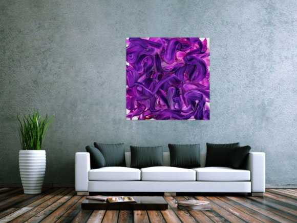 Original Gemälde abstrakt 100x100cm Action Painting expressionistisch handgemalt Mischtechnik violett rosa hochwertig