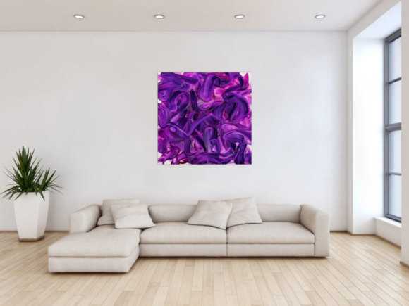 Original Gemälde abstrakt 100x100cm Action Painting expressionistisch handgemalt Mischtechnik violett rosa hochwertig