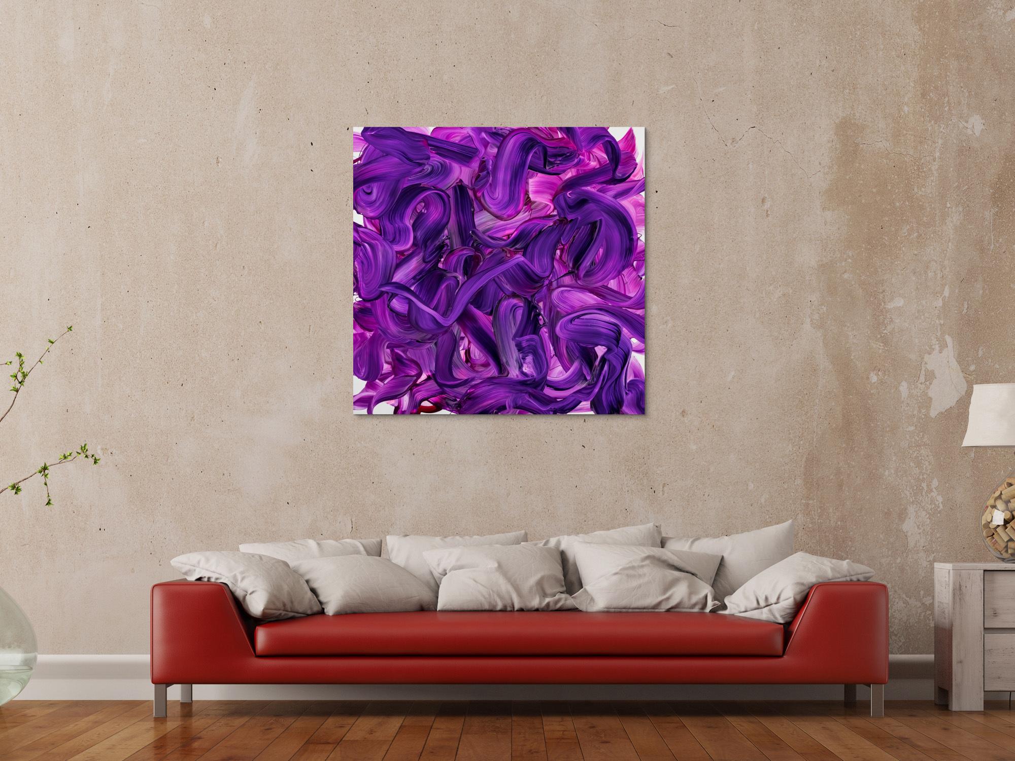 Original Gemälde abstrakt 100x100cm Action Painting expressionistisch handgemalt Mischtechnik violett rosa hochwertig