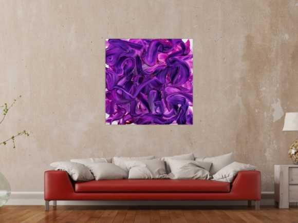 Original Gemälde abstrakt 100x100cm Action Painting expressionistisch handgemalt Mischtechnik violett rosa hochwertig