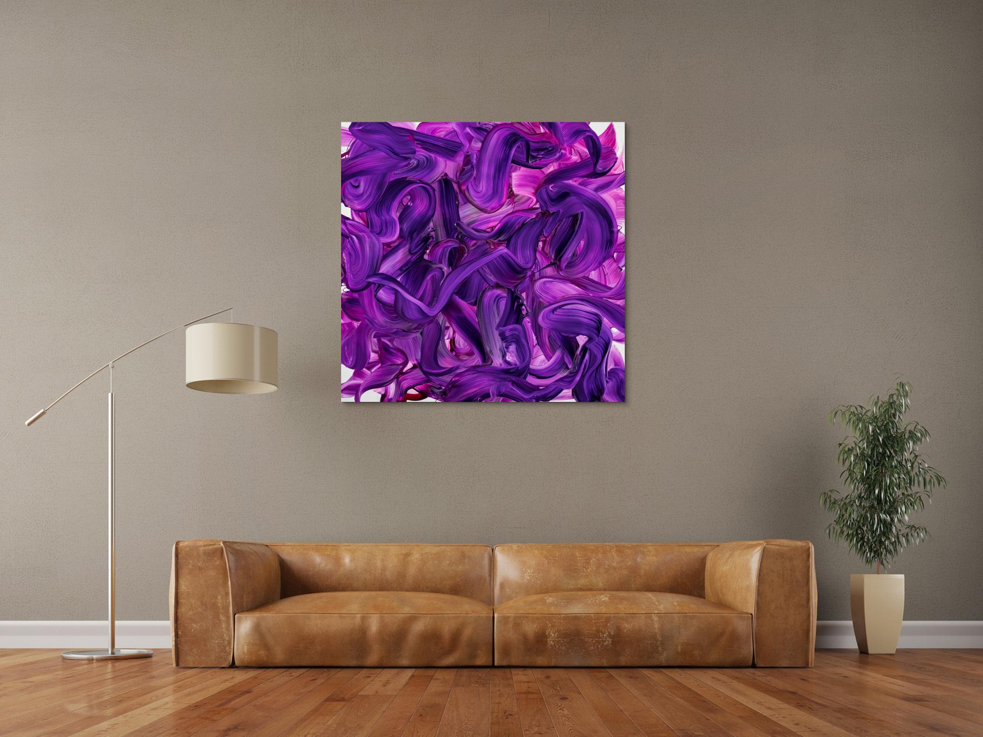 Original Gemälde abstrakt 100x100cm Action Painting expressionistisch handgemalt Mischtechnik violett rosa hochwertig