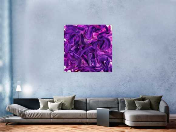 Original Gemälde abstrakt 100x100cm Action Painting expressionistisch handgemalt Mischtechnik violett rosa hochwertig