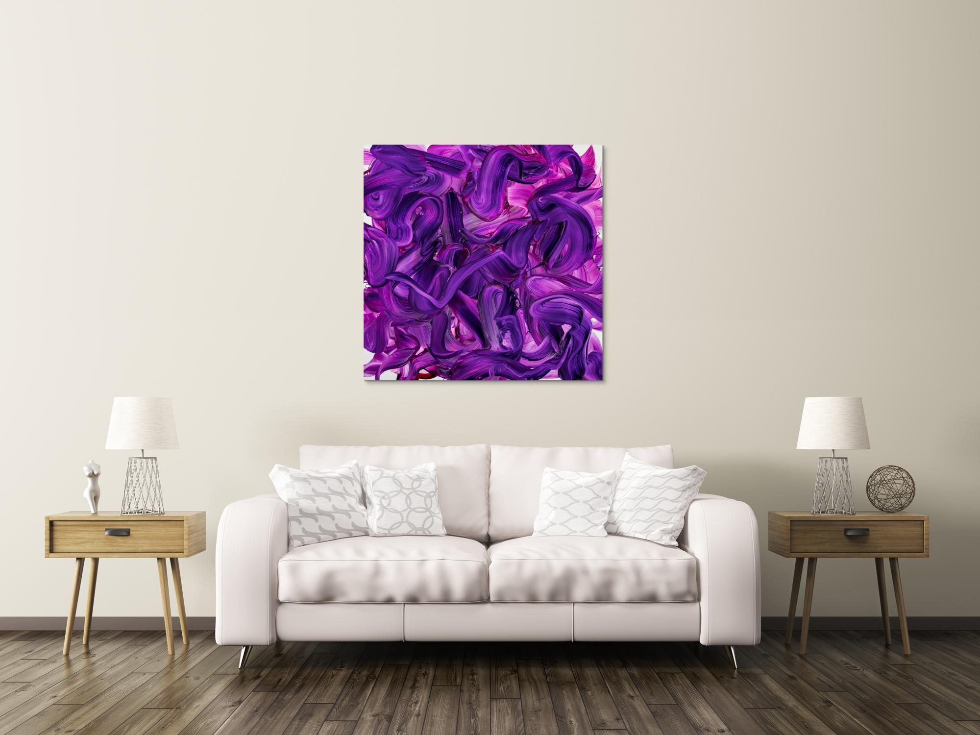 Original Gemälde abstrakt 100x100cm Action Painting expressionistisch handgemalt Mischtechnik violett rosa hochwertig