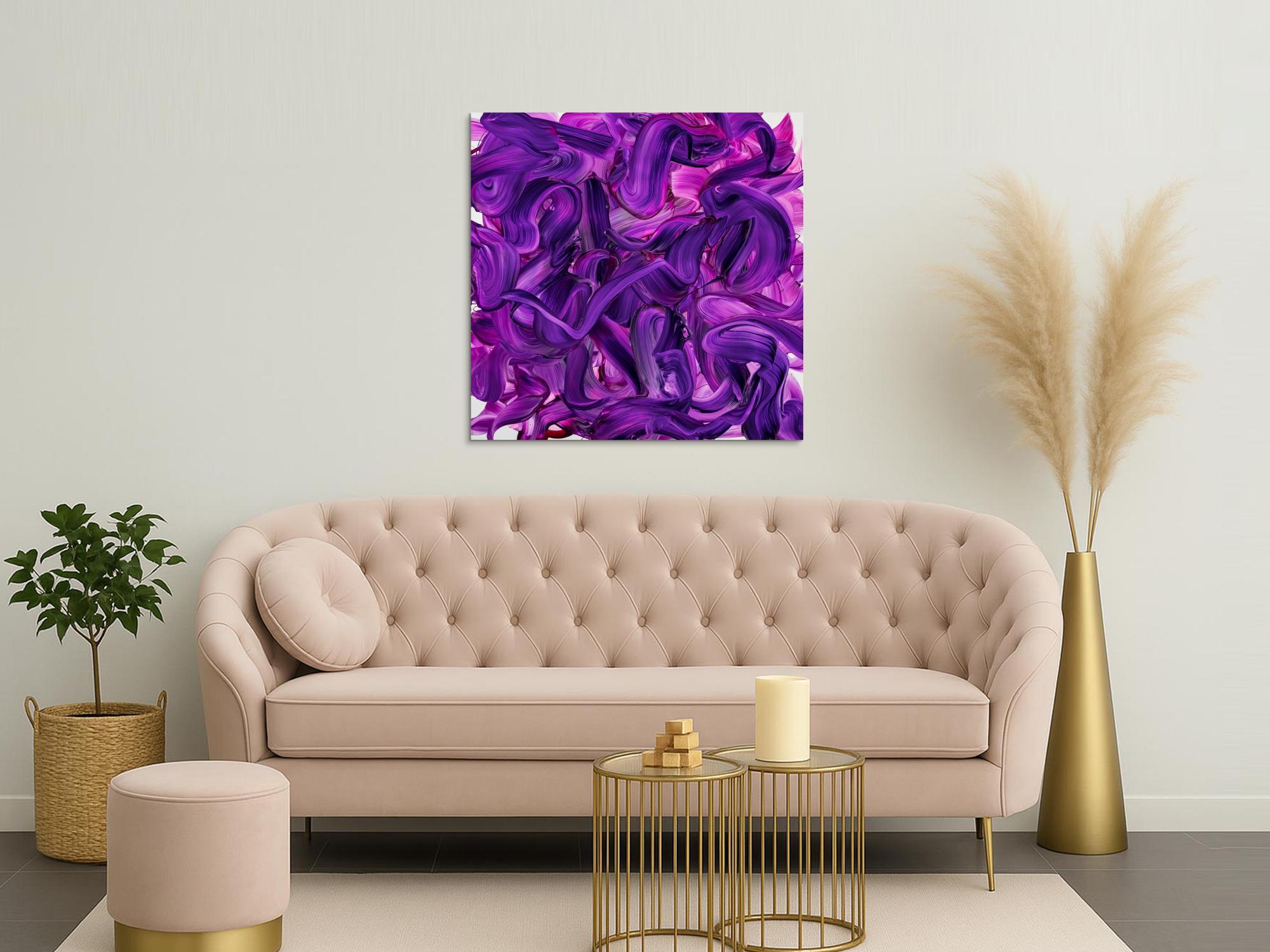 Original Gemälde abstrakt 100x100cm Action Painting expressionistisch handgemalt Mischtechnik violett rosa hochwertig