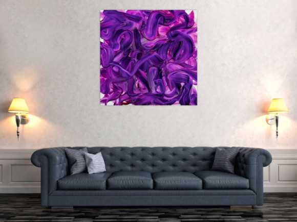 Original Gemälde abstrakt 100x100cm Action Painting expressionistisch handgemalt Mischtechnik violett rosa hochwertig