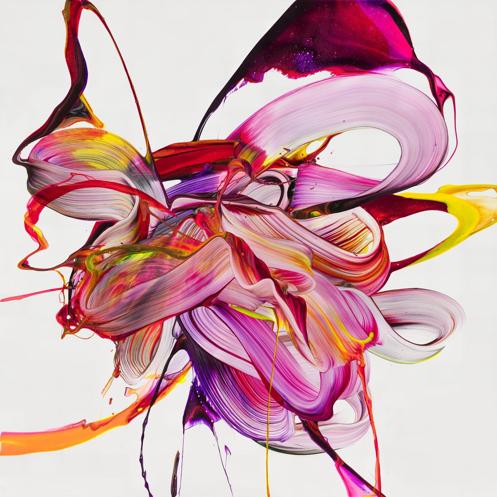 Abstraktes Original Gemälde 100x100cm Action Painting Moderne Kunst auf Leinwand Mischtechnik weiß pink rosa hochwertig