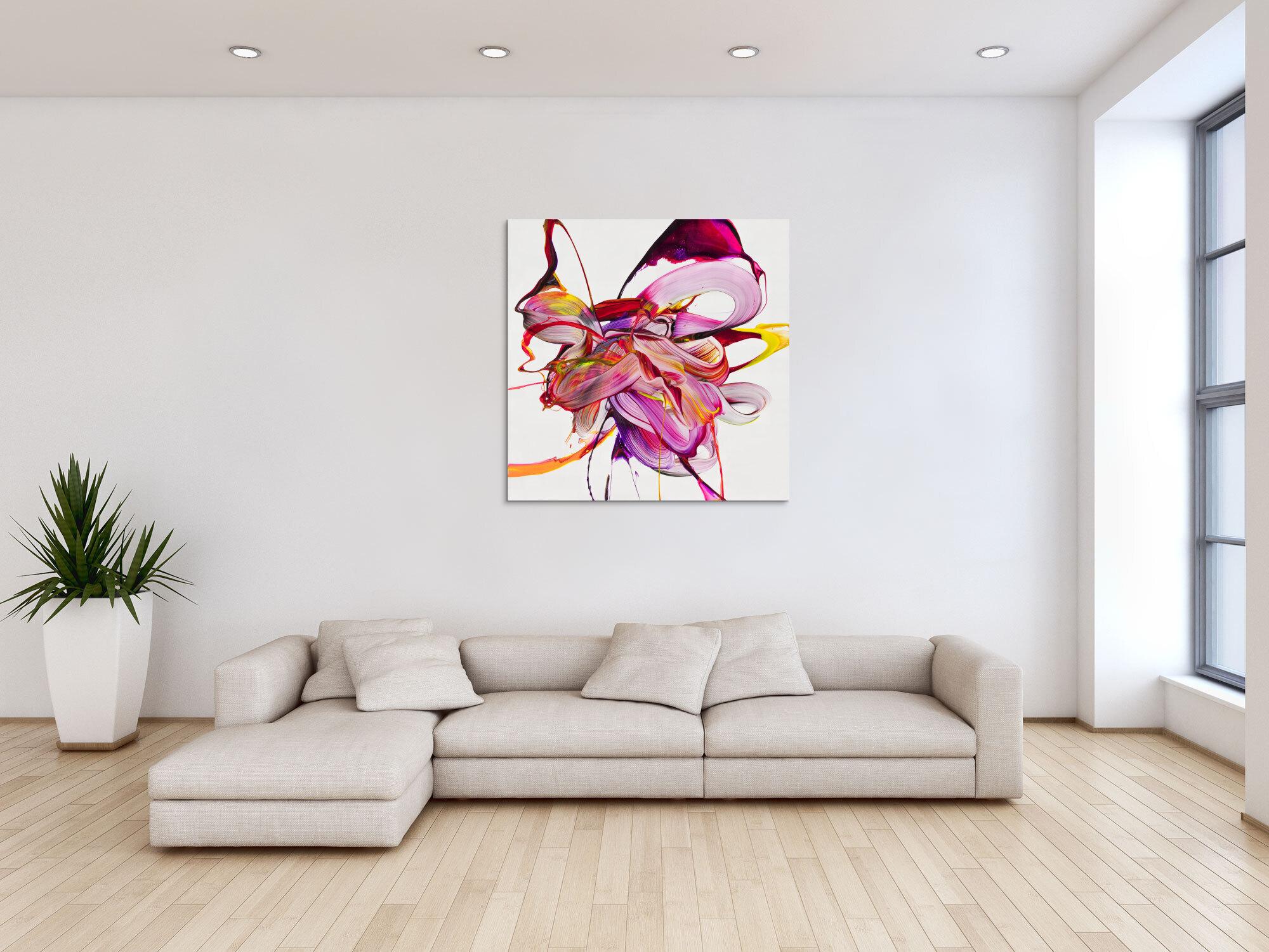 Abstraktes Original Gemälde 100x100cm Action Painting Moderne Kunst auf Leinwand Mischtechnik weiß pink rosa hochwertig
