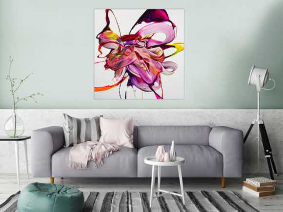 Original Gemälde abstrakt 100x100cm Action Painting expressionistisch handgefertigt Mischtechnik weiß NEON pink rosa hochwertig