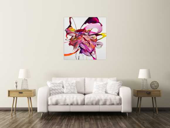 Original Gemälde abstrakt 100x100cm Action Painting expressionistisch handgefertigt Mischtechnik weiß NEON pink rosa hochwertig