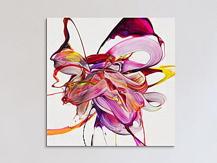 Abstraktes Original Gemälde 100x100cm Action Painting Moderne Kunst auf Leinwand Mischtechnik weiß pink rosa hochwertig