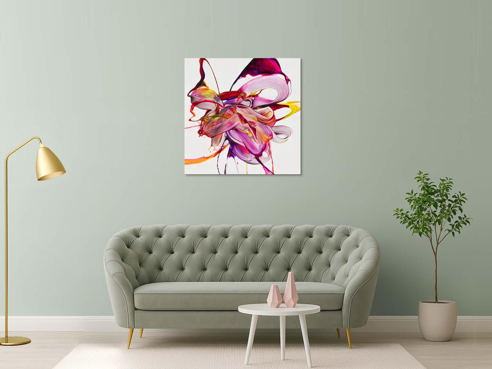 Abstraktes Original Gemälde 100x100cm Action Painting Moderne Kunst auf Leinwand Mischtechnik weiß pink rosa hochwertig