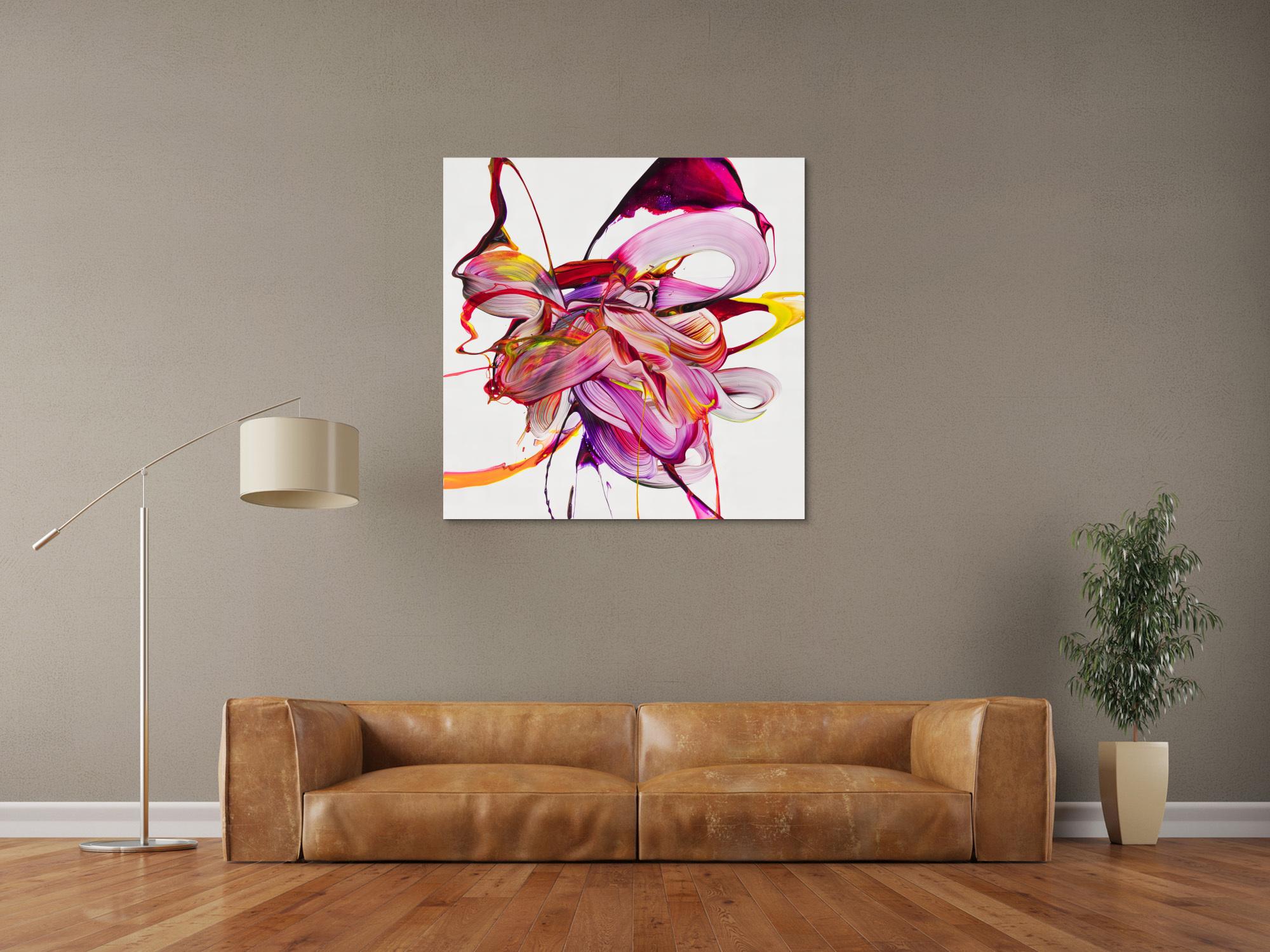 Abstraktes Original Gemälde 100x100cm Action Painting Moderne Kunst auf Leinwand Mischtechnik weiß pink rosa hochwertig