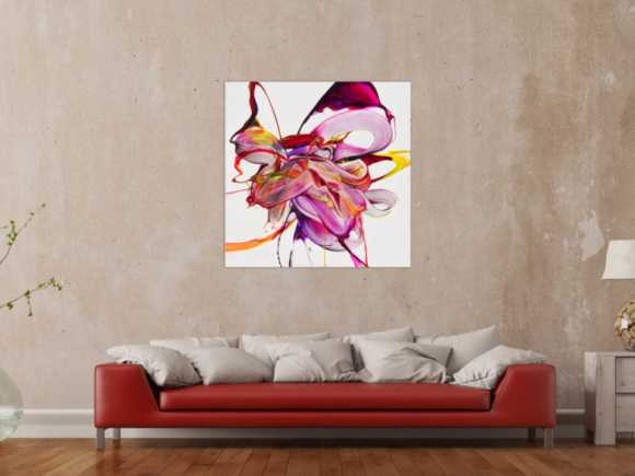 Original Gemälde abstrakt 100x100cm Action Painting expressionistisch handgefertigt Mischtechnik weiß NEON pink rosa hochwertig