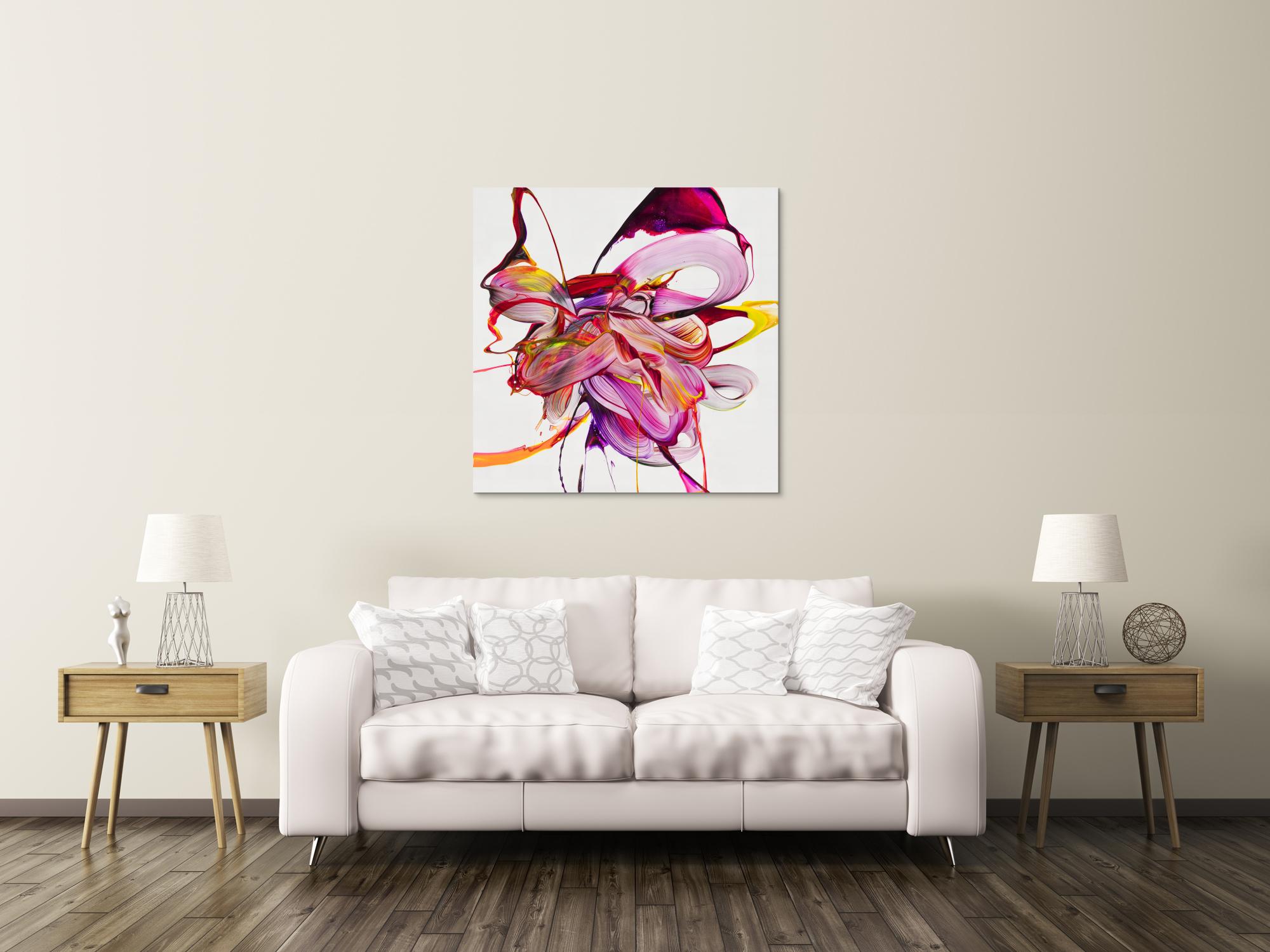 Abstraktes Original Gemälde 100x100cm Action Painting Moderne Kunst auf Leinwand Mischtechnik weiß pink rosa hochwertig