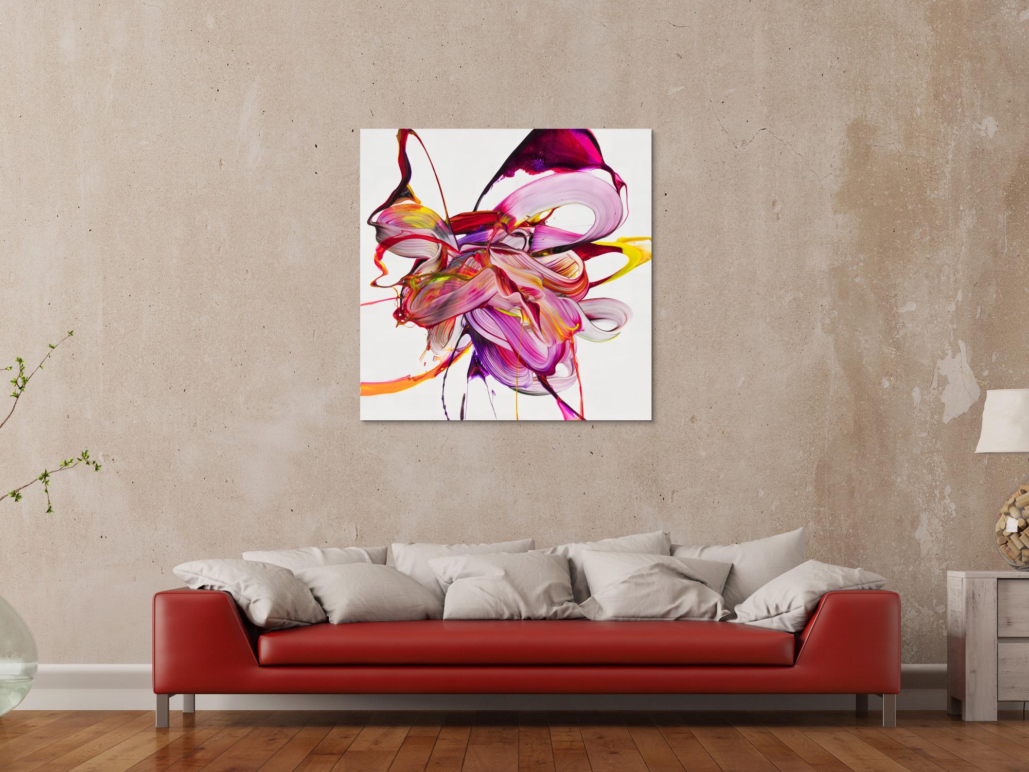 Abstraktes Original Gemälde 100x100cm Action Painting Moderne Kunst auf Leinwand Mischtechnik weiß pink rosa hochwertig