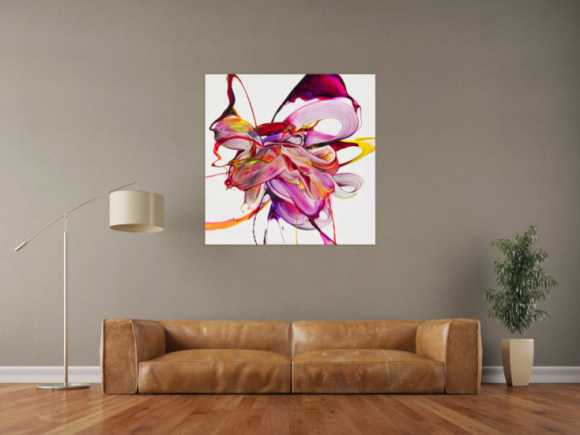 Original Gemälde abstrakt 100x100cm Action Painting expressionistisch handgefertigt Mischtechnik weiß NEON pink rosa hochwertig