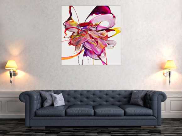 Original Gemälde abstrakt 100x100cm Action Painting expressionistisch handgefertigt Mischtechnik weiß NEON pink rosa hochwertig