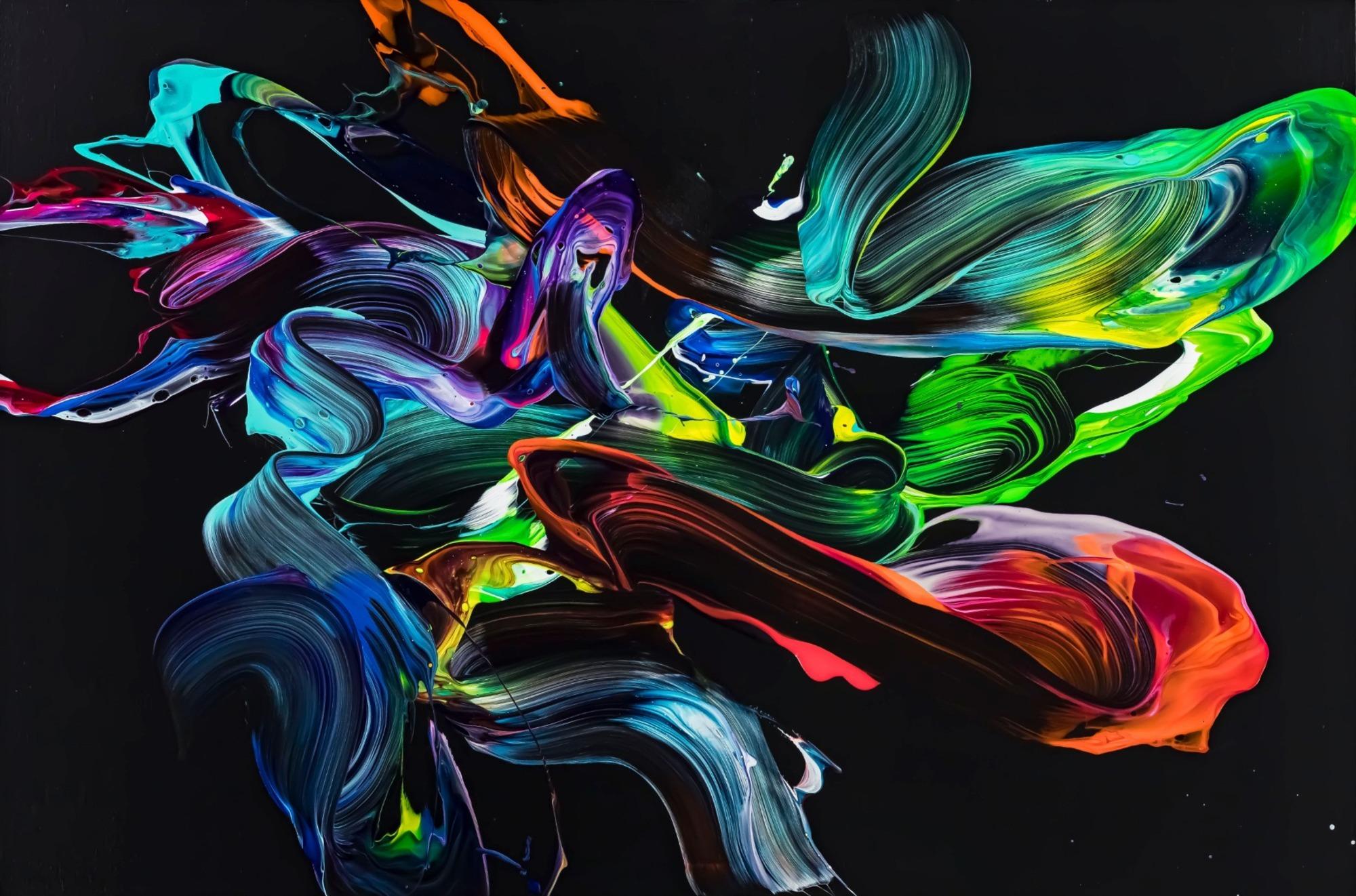 Gemälde Original abstrakt 120x180cm Action Painting zeitgenössisch auf Leinwand NEON Farben schwarz bunt Unikat