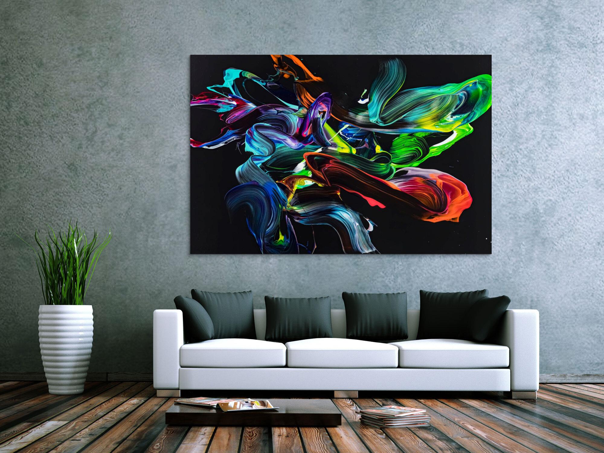 Gemälde Original abstrakt 120x180cm Action Painting zeitgenössisch auf Leinwand NEON Farben schwarz bunt Unikat