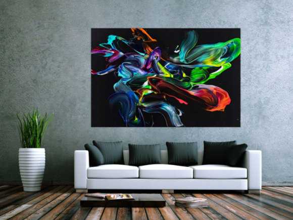 Gemälde Original abstrakt 120x180cm Action Painting zeitgenössisch auf Leinwand NEON Farben schwarz bunt Unikat