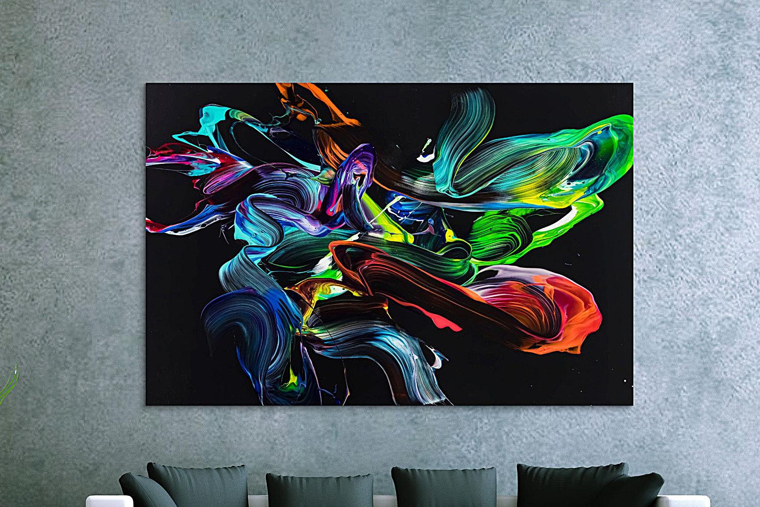 Gemälde Original abstrakt 120x180cm Action Painting zeitgenössisch auf Leinwand NEON Farben schwarz bunt Unikat