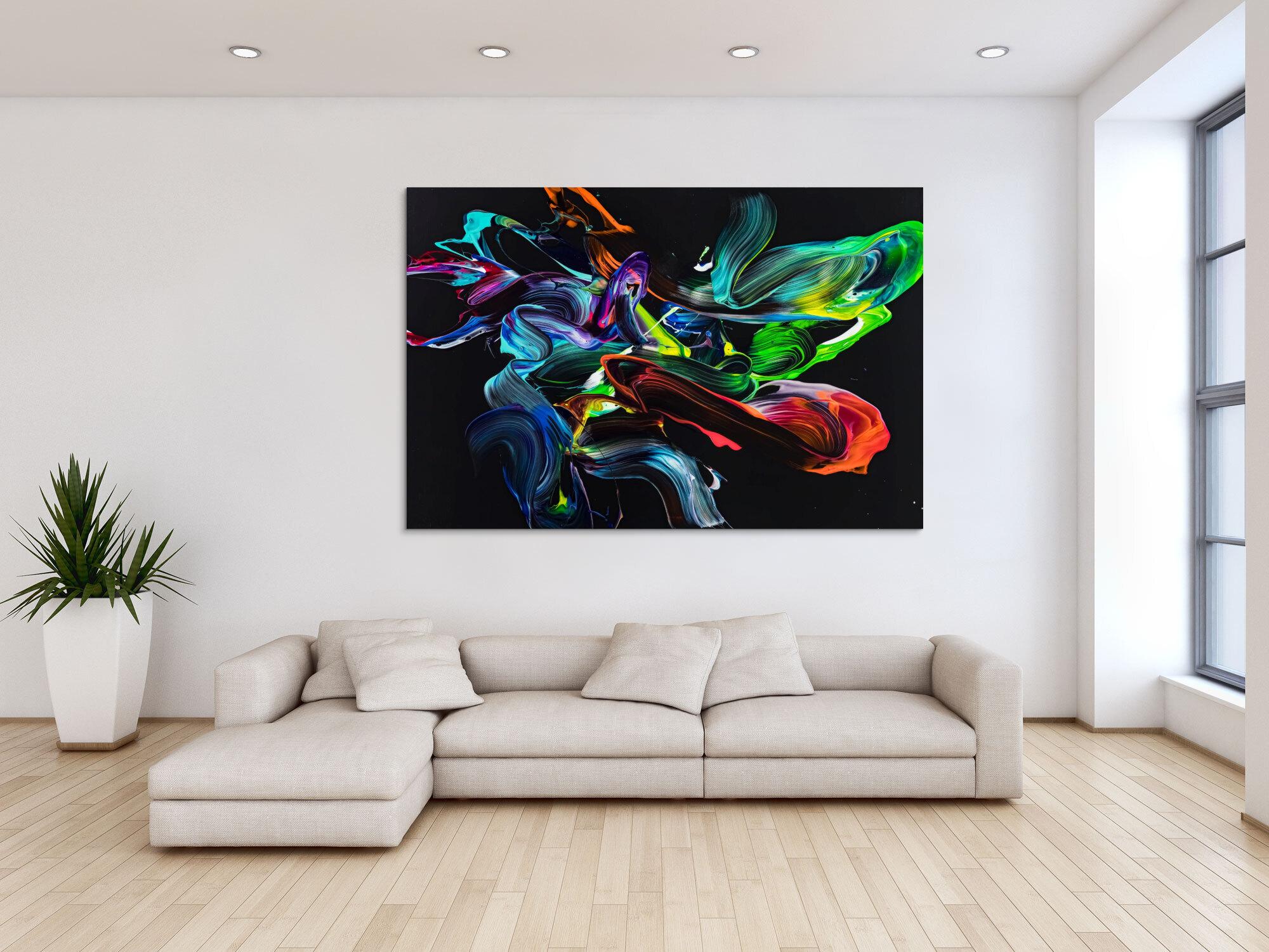 Gemälde Original abstrakt 120x180cm Action Painting zeitgenössisch auf Leinwand NEON Farben schwarz bunt Unikat