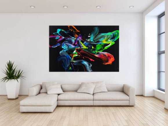 Gemälde Original abstrakt 120x180cm Action Painting zeitgenössisch auf Leinwand NEON Farben schwarz bunt Unikat