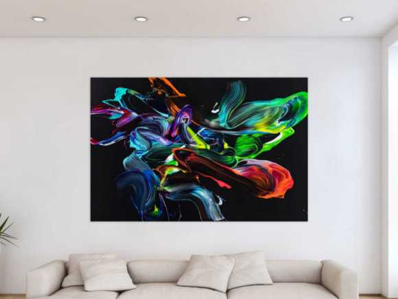 Gemälde Original abstrakt 120x180cm Action Painting zeitgenössisch auf Leinwand NEON Farben schwarz bunt Unikat