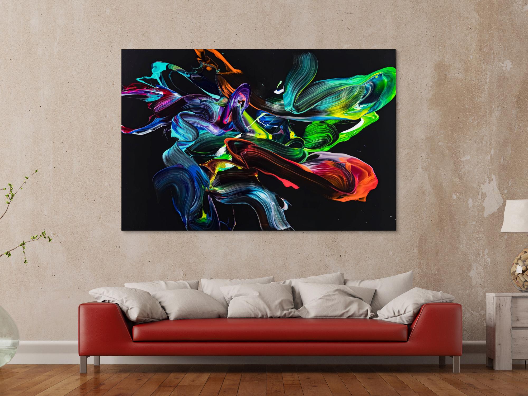 Gemälde Original abstrakt 120x180cm Action Painting zeitgenössisch auf Leinwand NEON Farben schwarz bunt Unikat