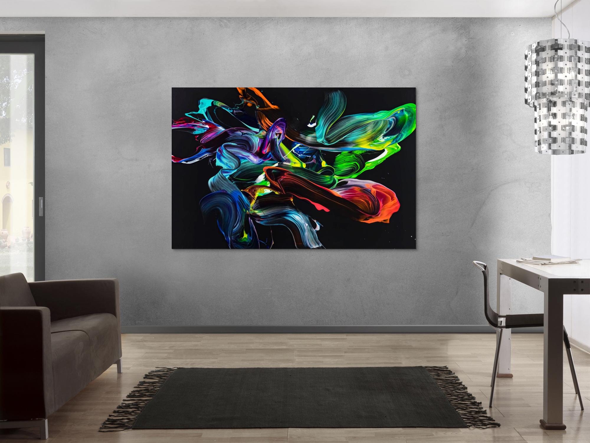 Gemälde Original abstrakt 120x180cm Action Painting zeitgenössisch auf Leinwand NEON Farben schwarz bunt Unikat