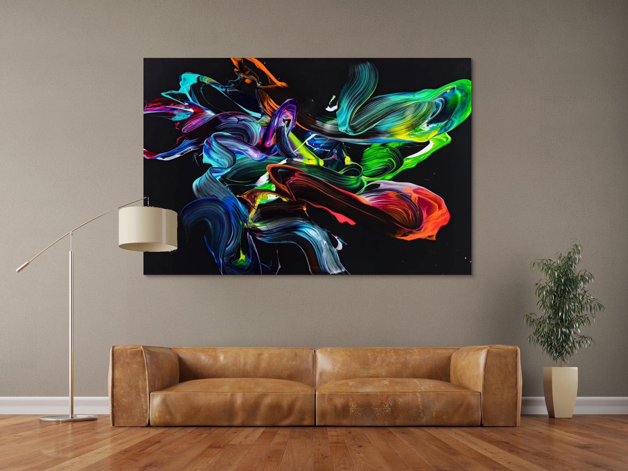 Gemälde Original abstrakt 120x180cm Action Painting zeitgenössisch auf Leinwand NEON Farben schwarz bunt Unikat