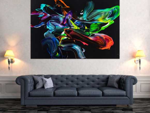 Gemälde Original abstrakt 120x180cm Action Painting zeitgenössisch auf Leinwand NEON Farben schwarz bunt Unikat