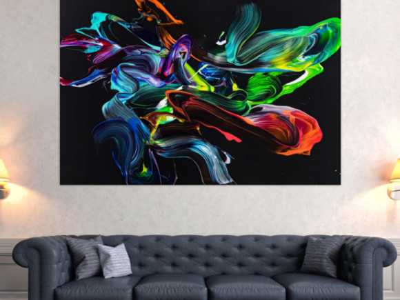 Gemälde Original abstrakt 120x180cm Action Painting zeitgenössisch auf Leinwand NEON Farben schwarz bunt Unikat