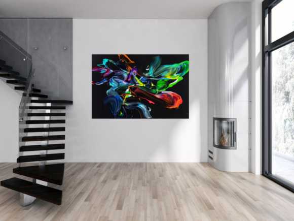 Gemälde Original abstrakt 120x180cm Action Painting zeitgenössisch auf Leinwand NEON Farben schwarz bunt Unikat