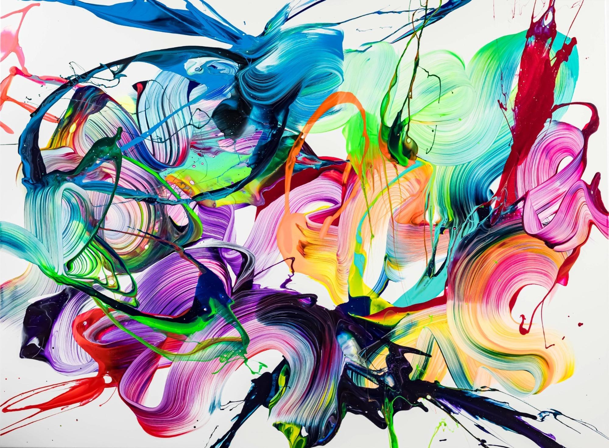 Original Gemälde abstrakt 120x160cm Action Painting expressionistisch handgefertigt NEON Farben bunt auf weiß Unikat