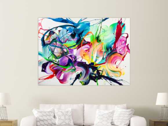Original Gemälde abstrakt 120x160cm Action Painting expressionistisch handgefertigt NEON Farben bunt auf weiß Unikat