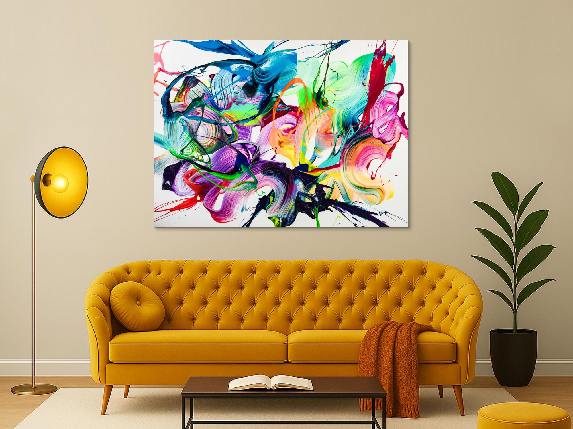 Original Gemälde abstrakt 120x160cm Action Painting expressionistisch handgefertigt NEON Farben bunt auf weiß Unikat